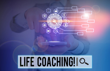 Writing note showing Life Coaching. Business concept for demonstrating employed to help showing attain their goals in career Picture photo network scheme with modern smart device