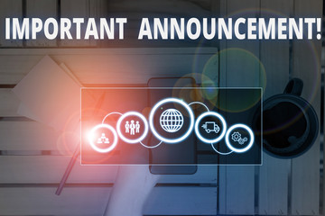 Conceptual hand writing showing Important Announcement. Concept meaning spoken statement that tells...