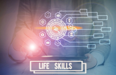 Fototapeta premium Text sign showing Life Skills. Business photo text skill that is necessary for full participation in everyday life Picture photo system network scheme modern technology smart device