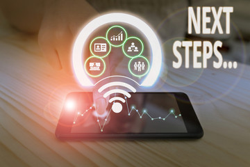 Fototapeta premium Text sign showing Next Steps. Business photo text something you do or plan after you ve finished something else Picture photo system network scheme modern technology smart device
