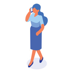 Isometric business woman walking with phone.Talking on phone. Vector isolated isometric character.