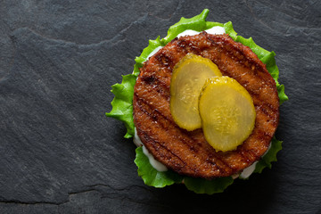 Freshly grilled plant based burger patty on bun with lettuce, slices of gherkin and sauce isolated...