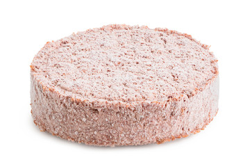 Frozen plant based burger patty isolated on white.