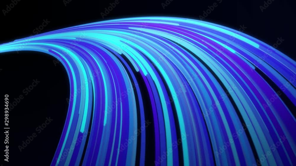 Poster 3d blue tail formed by narrow lines flowing on black background. animtion. neon colorful rays flow i