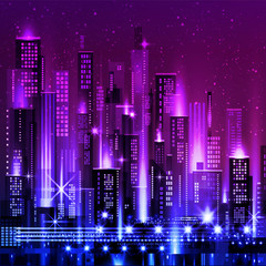 Fototapeta na wymiar Vector night city illustration with neon glow and vivid colors.