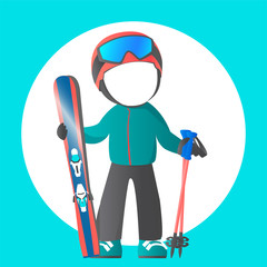 Ski winter equipment: tracksuit, helmet; mask; skiing, sticks. You can insert any face. Cartoon vector illustration template.