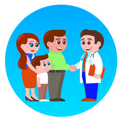 Family meets a doctor. Father shakes hands with a man pediatrician in a white coat. Mother and son are standing nearby. Everyone is smiling. Cartoon vector illustration.