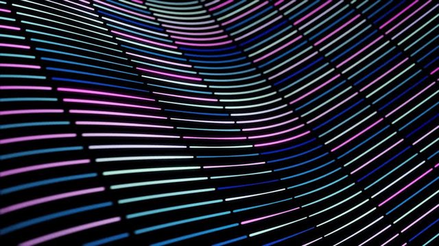 Colorful wavy texture of narrow lines devided into small segments flowing on black background, seamless loop. Animation. Colorful diagonal neon stripes.