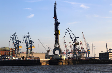 Fototapeta na wymiar Harbor cranes in Hamburg harbor in Germany