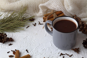 grey cup of hot chocolate and cinnamon, anise star with pine cone and green spruce branch on white background. horizontal. copy space. winter and autumn hot drinks