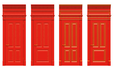 3d image classic wooden door with cast-iron parts, cornices and platbands