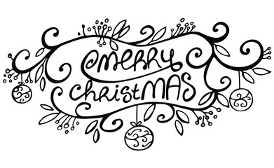 Fototapeta na wymiar Hand drawn Merry Christmas on white background. Template for greeting card, postcard. Vector illustration.