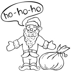 Coloring Book Santa Claus with Christmas gift isolated on white background. Vector illustration. Perfect for invitations, greeting cards, postcard, fashion print, banners, poster for textiles.