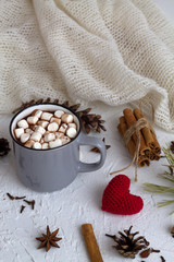 cup of hot chocolate with marshmallows and cinnamon, anise star and knitted red heart on white background. vertical. winter and autumn hot drinks