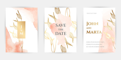 wedding invitation templates. Cover design with gold ornaments. set with hand drawn watercolor background. Trendy templates for banner, flyer, poster, greeting. eps10