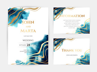 wedding invitation templates. Cover design with gold ornaments. set with hand drawn watercolor background. Trendy templates for banner, flyer, poster, greeting. eps10