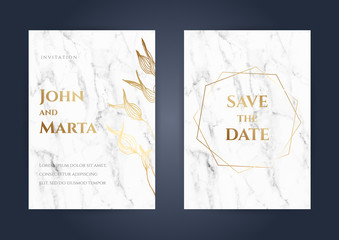 Naklejka na ściany i meble Wedding Invitation with Gold Flowers and gold geometric line design. background with geometric golden frame. Cover design with an ornament of golden leaves. vector eps10