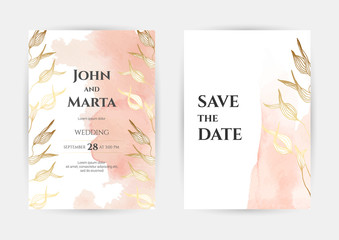 wedding invitation templates. Cover design with gold ornaments. set with hand drawn watercolor background. Trendy templates for banner, flyer, poster, greeting. eps10