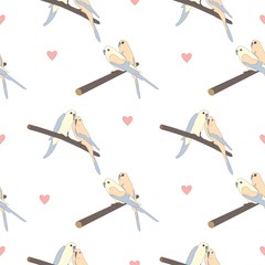 Seamless hand drawn pattern with beautiful couple of birds sitting on a branch