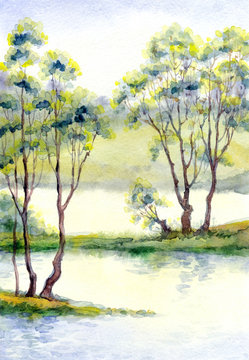 Watercolor landscape. Trees by the lake © Marina