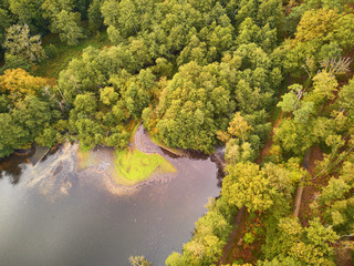 Fototapeta na wymiar Scenic aerial view of a lake in autumn forest in northern France