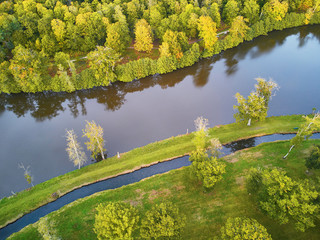 Scenic aerial view of a lake in autumn forest in northern France