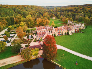Scenic aerial view of Abbaye des Vaux-de-Cernay, France - obrazy, fototapety, plakaty