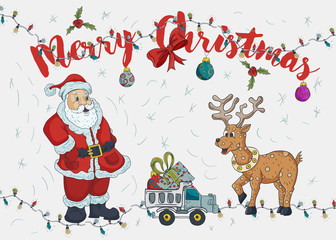 New year Christmas contour color illustration for decoration design Santa Claus deer and machine with gifts greeting inscription garland frame