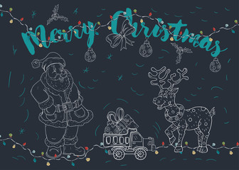 New year Christmas contour illustration for decoration design Santa Claus deer and machine with gifts greeting inscription garland frame