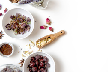 assorted herbal chamai for the treatment of colds, healthcare, medicine, home treatment, aromatherapy on a white background