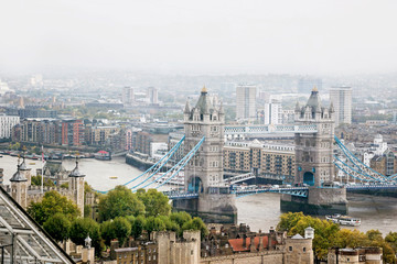  Cityscape of Tower Bridge above river with morning fog in London