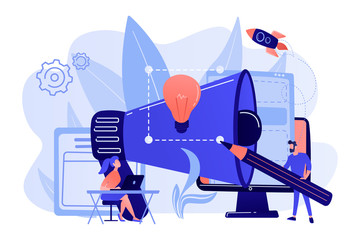 Designers work on new brand and big megaphone. Brand identity and logo, business card, advertisement and graphic design concept on white background. Pink coral blue vector isolated illustration