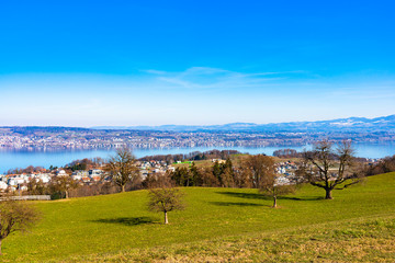 Fototapeta na wymiar Aerial panoramic unique overview of Lake Zurich urban shoreline, Zurichsee Zurich Switzerland.