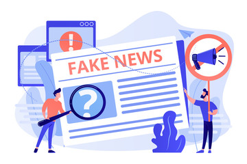 False information broadcasting. Press, newspaper journalists, editors. Fake news, junk news content, disinformation in media concept. Pink coral blue vector isolated illustration