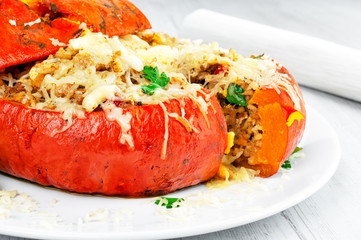 Baked hokkaido pumpkin stuffed with risotto.