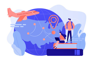 Worldwide travel, school adventure. Tourist trip, students on holidays. Educational tourism, international edu-tourism, best study tours concept. Pinkish coral bluevector isolated illustration