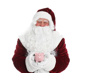 Santa Claus holding piggy bank on white background