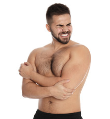 Naklejka premium Man suffering from elbow pain on white background