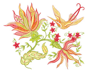 Fantasy flowers, traditional Jacobean embroidery style. Elements for design. Vector illustration in bright red and green colors isolated on white background..
