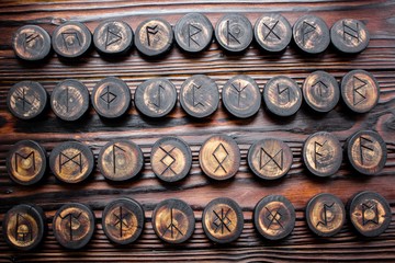 Set of anglo-saxon runes carved in wood - anglo-saxon futhark (futhorc)