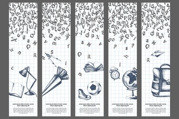 Bookmarks templates with letters and school things. Sketch artwork on white background