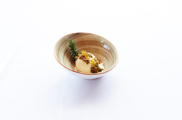 Sea food with green rosemary on a plate on white cloth