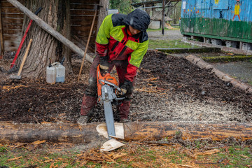 Young lumberman is sawing with a motor saw and gasoline in background a wood trunk on a playground in rainy day outdoor.