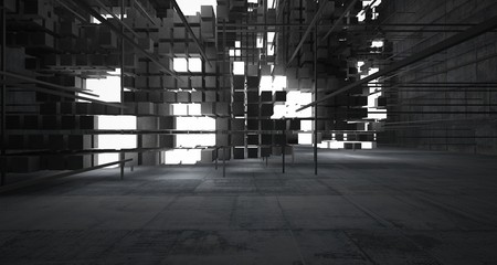 Abstract architectural concrete interior from an array of white cubes with neon lighting. 3D illustration and rendering.