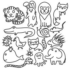 Set of cute animal doodle, black and white