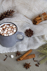 winter decoration. cup of hot cocoa or chocolate with marshmallow and cinnamon with anise star on grey background. copy space. winter and autumn hot drinks. 