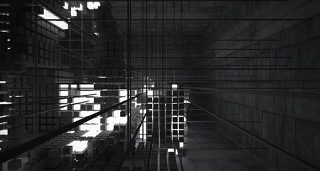 Abstract architectural concrete interior from an array of white cubes with neon lighting. 3D illustration and rendering.