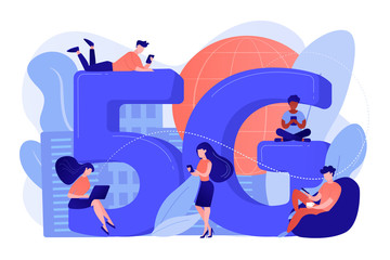 Tiny business people with mobile devices using 5g technology. 5g network, next generation connectivity, modern mobile communication concept. Pinkish coral bluevector isolated illustration