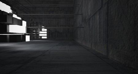 Abstract architectural concrete interior from an array of white cubes with neon lighting. 3D illustration and rendering.