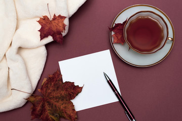 Autumn Mock up notebook with blank white paper sheet.